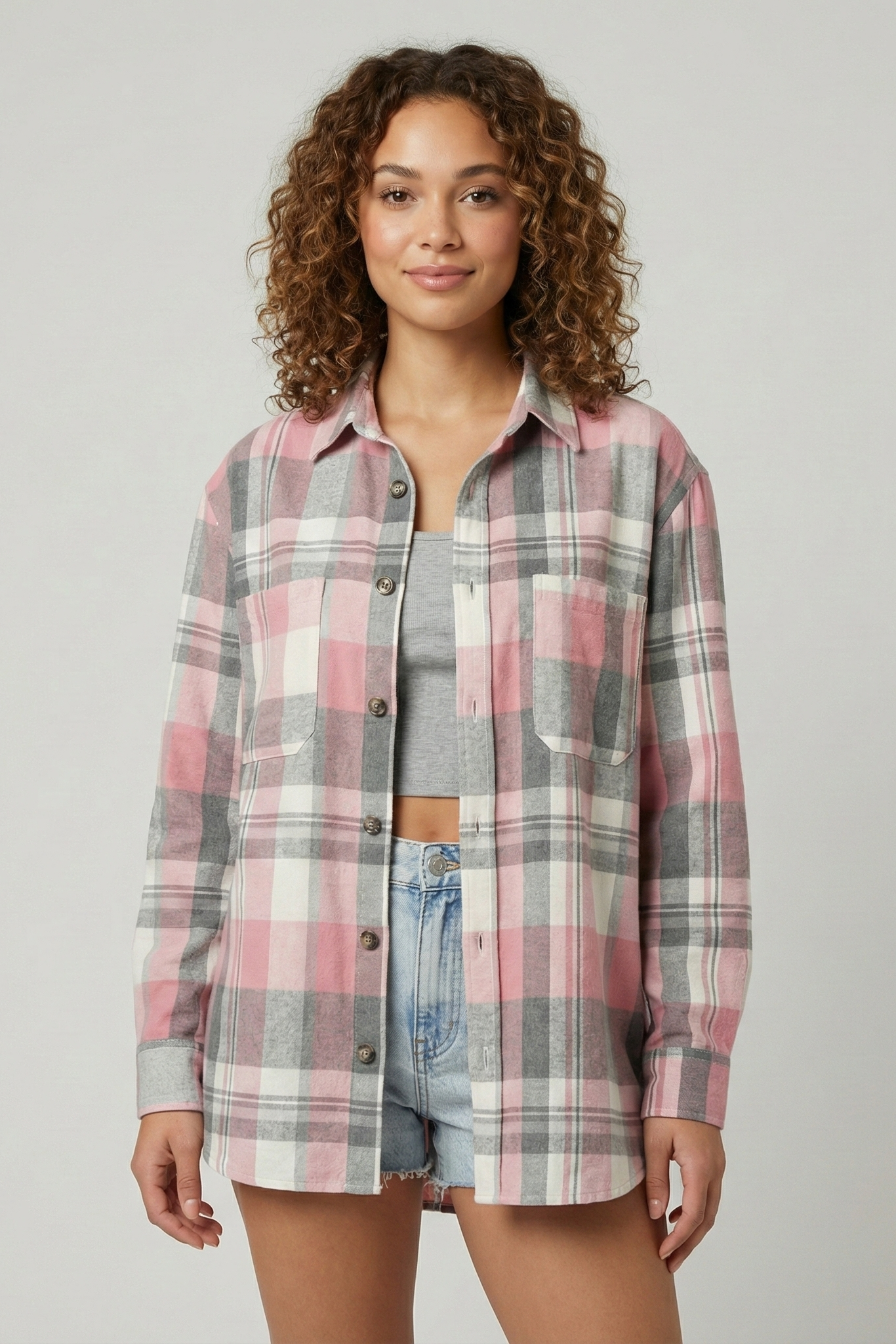 Pink Plaid Long Sleeve Outerwear | Zenda